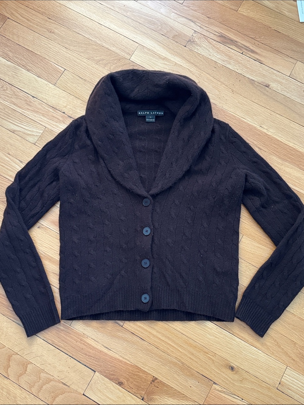 Ralph Lauren Black Label Dark Brown Cashmere Cable-Knit Shawl Collar Cardigan
